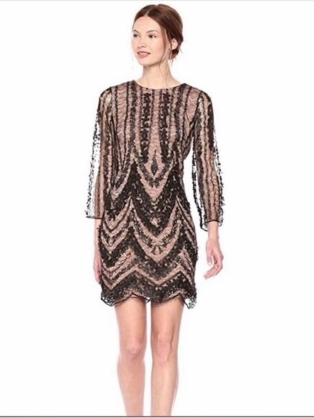 Dress the Population Jenny Long Sleeve High Neck Dress Black Tan NWT Size XS